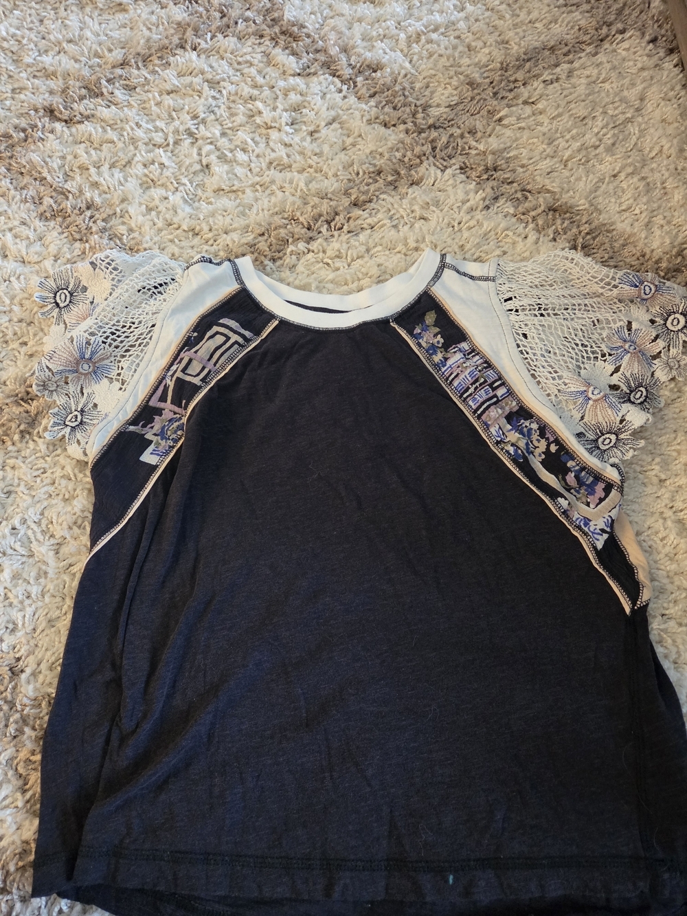 Free People dark grey/black with Cream Lace Floral Sleeves